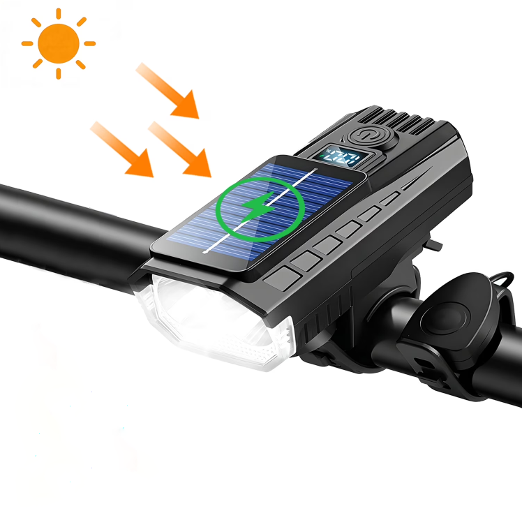 Solarbetriebene, Per Usb Aufladbare Fahrradfrontleuchte Mit Lautsprecher Und Akkuanzeige (4 Modi)