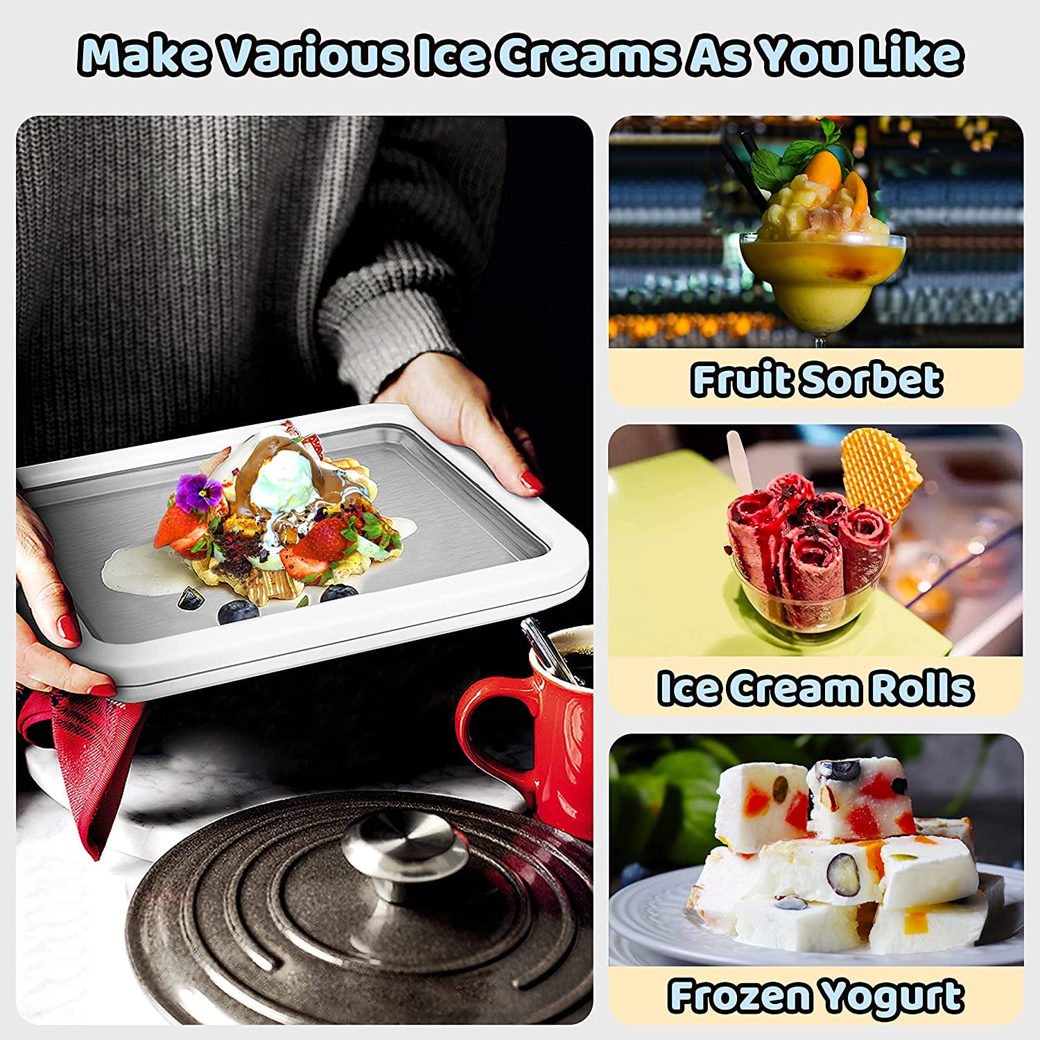 Eisrollenmaschine Mit Dessertplatte Und Sofortkühlplatte, Für Rolleneis, Softeis, Smoothies, Joghurt, Sorbet, Gelato