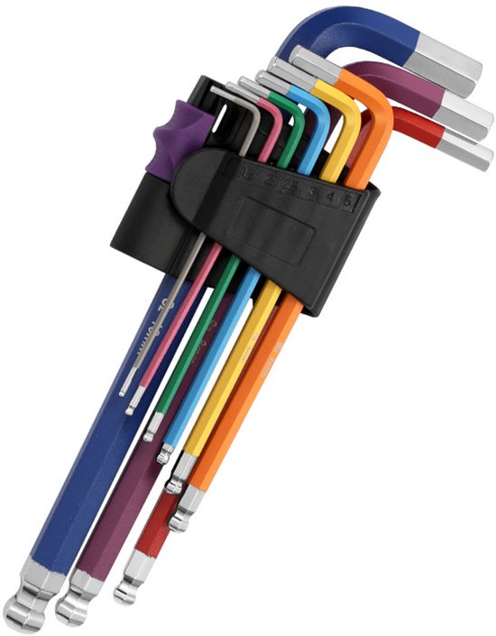 Sechskantschlüsselsatz, Kugelkopf-sechskantschlüssel, Langer Sechskantschlüssel, Legierter Stahl, Farbig, Metrische Größe, 1,5–10 Mm, Mit Montagebox, Für Die Möbelmontage