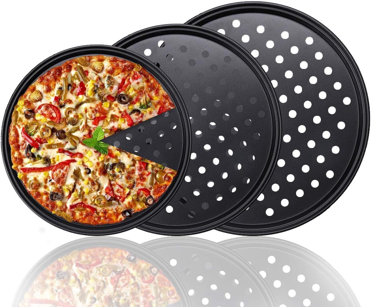Dreiteiliges Pizza-set – Runde Pizzapfanne – Ofenfeste Pizzapfanne – Antihaft-pizzapfanne – Backblech Aus Perforiertem Kohlenstoffstahl