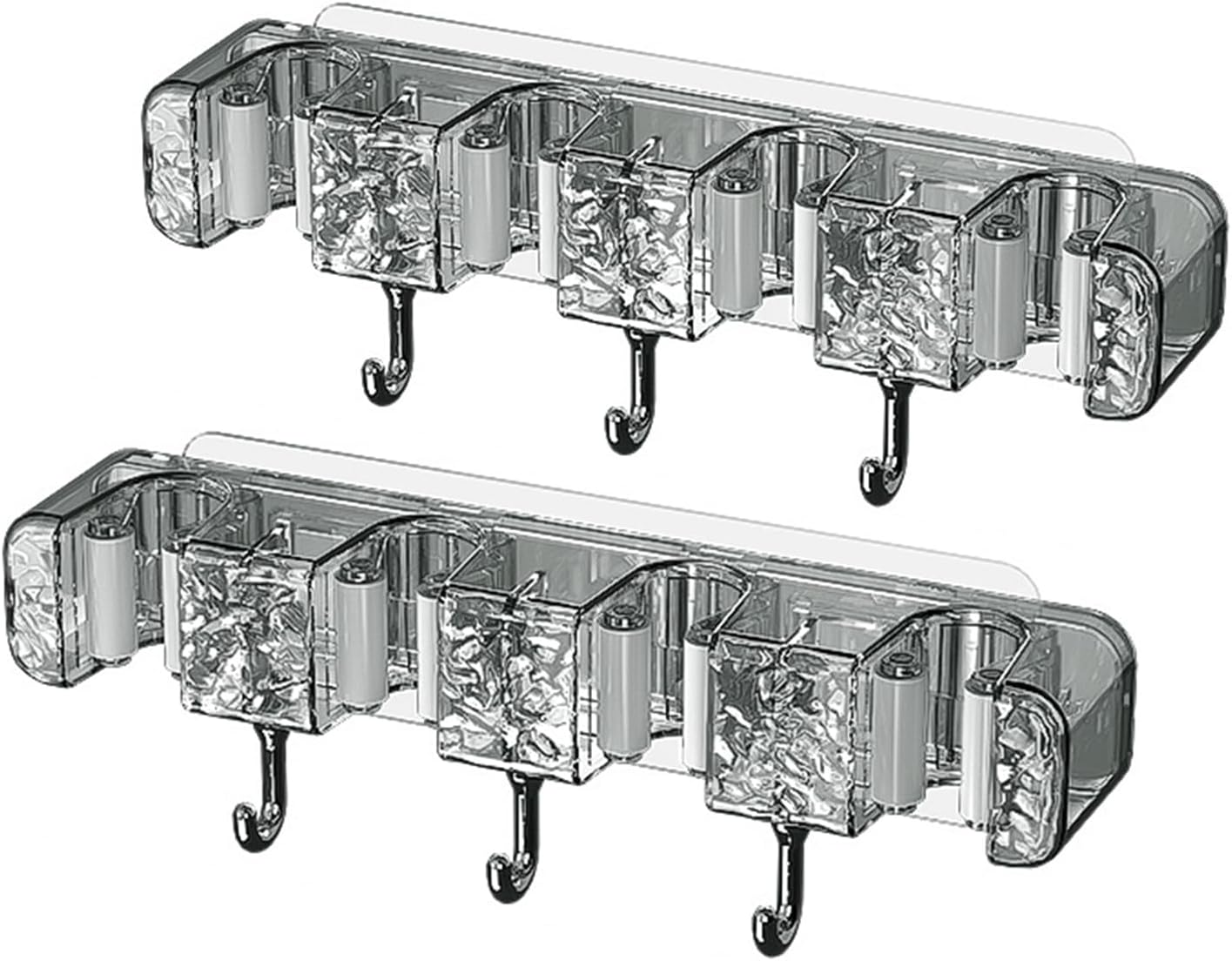 2-teiliger, Wandmontierter Besenhalter, Kein Bohren Erforderlich – Mopp- Und Besenhalter Mit 4 Clips Und 3 Haken, Selbstklebend (transparent Grau)