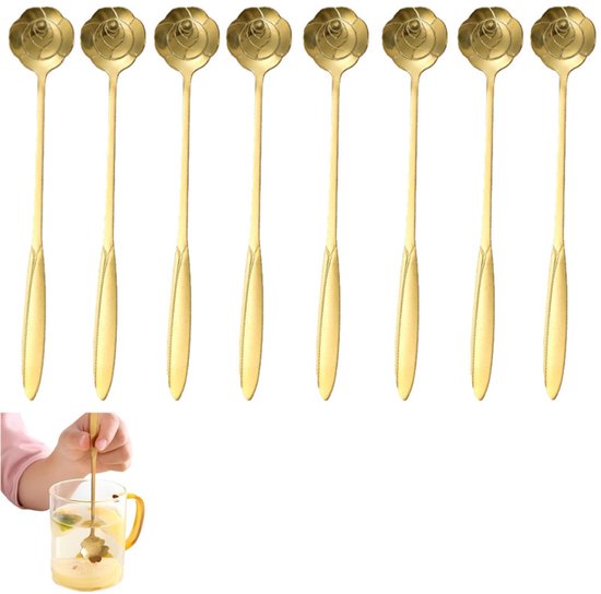 10-teiliges Dessert- Und Teelöffel-set Aus Goldfarbenem Edelstahl In Rosenform (17,6 X 2,8 Cm)