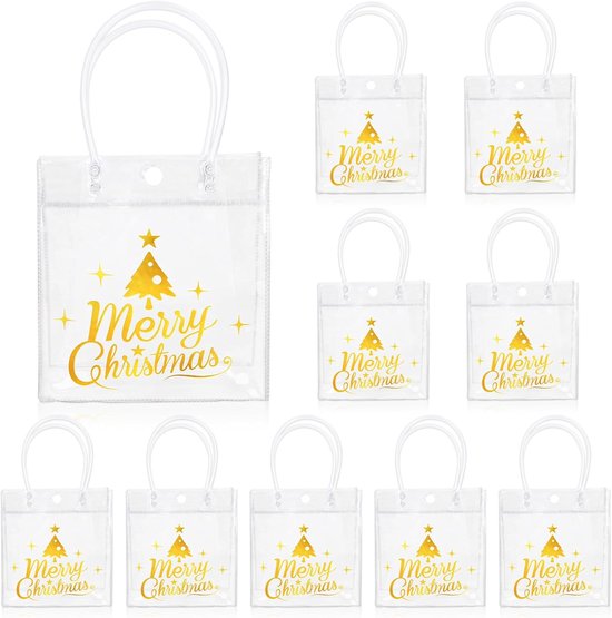 12-teiliges Weihnachtsgeschenkset Aus Pvc – Weihnachtsbaum Mit Goldfolienmotiv, Wiederverwendbar, Transparent Mit Griffen (für Weihnachten, Feiertage Und Partys)