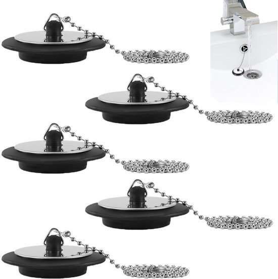 5er-pack Schwarze Gummi-abflussstopfen Für Badewanne Und Waschbecken Mit Ketten