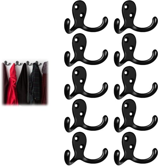 10er-pack Große, Abgewinkelte, Schwarze Doppelkleiderhaken Aus Zinklegierung, 68 X 40 Mm