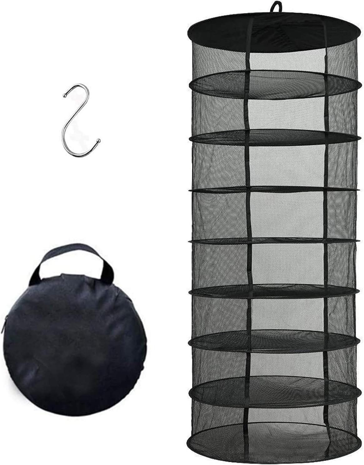 Hängender Kräutertrocknungsständer, 60 Cm Langes, 8-lagiges, Faltbares Hydroponik-trocknungsnetz Mit Maschengewebe, S-förmiger Schnalle Und Aufbewahrungstasche, Schwarz (durchmesser 61 Cm X Höhe 155 C