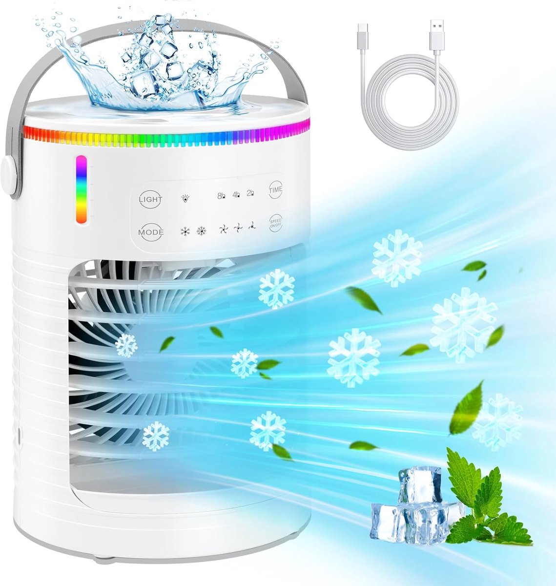 Neue Tragbare Klimaanlage: Verdunstungskühler Mit 4 Geschwindigkeitsstufen, Nebelfunktion, Eiswürfelbehälter, 900-ml-wassertank, 7-farbiger Led-beleuchtung Und