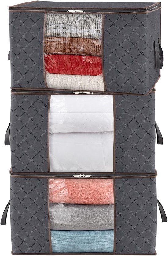 Set Aus Drei Faltbaren Aufbewahrungstaschen Für Kleidung Unter Dem Bett Mit Je 90 Litern Volumen Und Transparenten Fenstern (60 X 43 X 35 Cm)