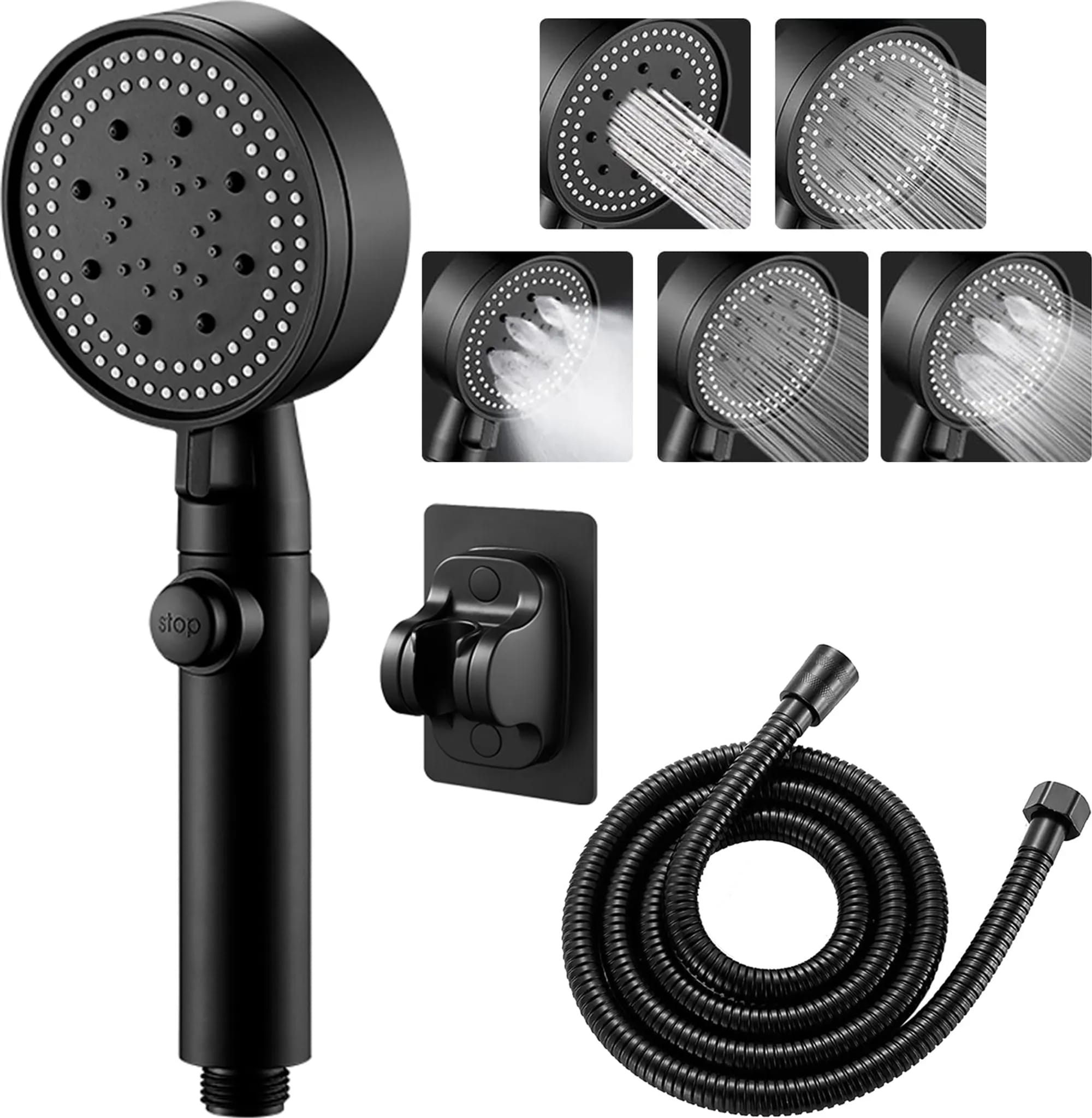 5-in-1 Hochdruck-wasserspar-handbrausekopf Mit Absperrventil Und 1,5 M Schlauch (schwarz)
