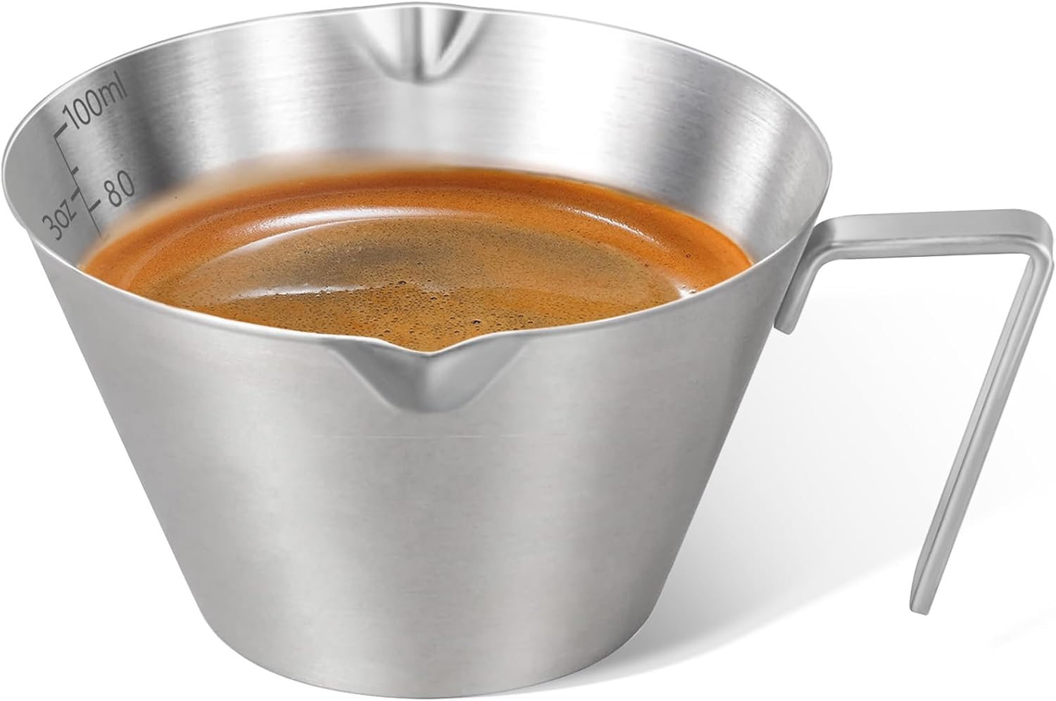 100-ml-espressomessbecher, Espressokanne Aus Edelstahl Mit Griff, Doppelauslauf Und Zweiskaligem Kaffeemessbecher Aus Metall – Silber