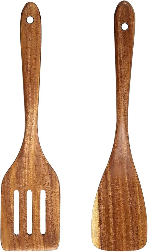 Zweiteiliges Spatelset Aus Akazienholz, Antihaftbeschichtet, Mit Langem Griff, Bestehend Aus Einem Festen Spatel Und Einem Schaumlöffel, Zum Kochen Und Backen.