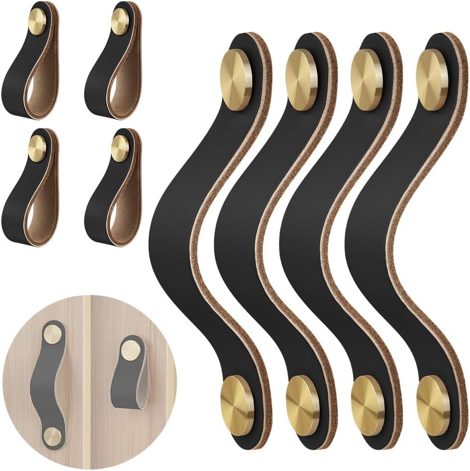 8-teiliges Set Vintage-ledergriffe Für Küchenschränke, Türen Und Schubladen, Kommoden Und Badezimmer (schwarz)