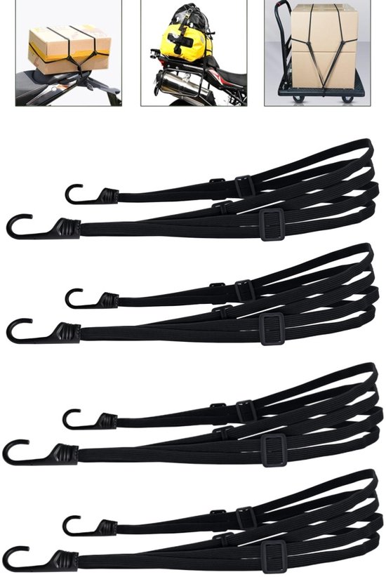 Set Mit 4 Elastischen 60 Cm Gepäckgurten Mit Haken Zur Befestigung Von Helmen Und Taschen, Schwarz.