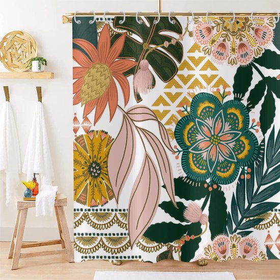 Boho-duschvorhang Mit Blumenmuster, 180 X 180 Cm, Abstraktes Design Mit Böhmischen Blumen Und Tropischen Blättern Im Mid-century-modern-stil, Polyester.