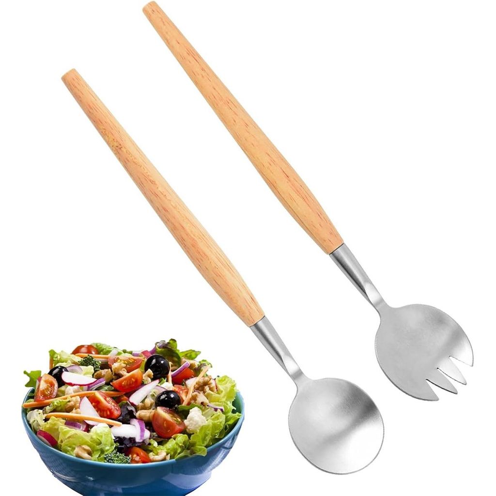 Salatbesteck-set Aus Edelstahl, Holzgriff, Salatgabel, Küchenutensilien, Für Küche Und Esszimmer, 2-teiliges Set, 28 Cm.