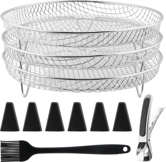 Dreistöckiger, Stapelbarer Trockenkorb Aus Edelstahl Für Heißluftfritteusen, Inklusive Ölpinsel, Zange Und Füßen (4,2–5,8 L)