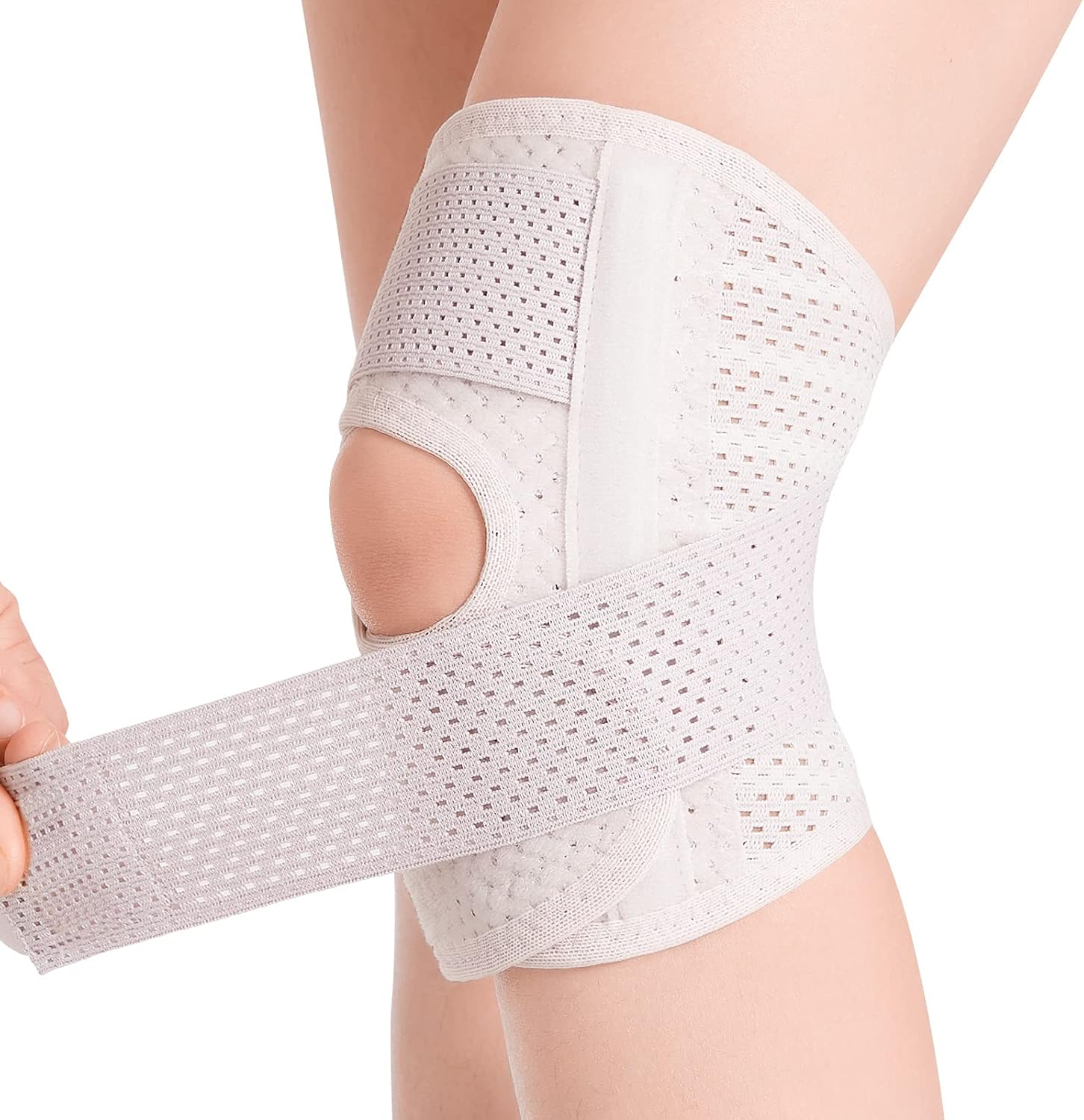 Knieorthese Mit Seitlicher Stabilisierung, Atmungsaktiv Und Verstellbar, Geeignet Für Männer Und Frauen Mit Sportverletzungen, Rechte Seite – Weiß L
