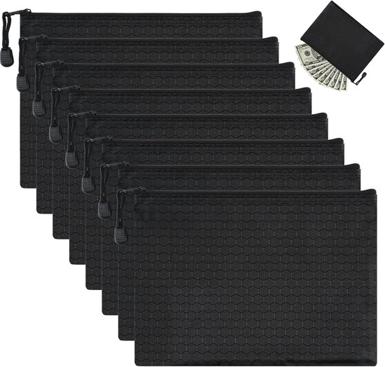 Ein Set Aus 8 Dokumententaschen, A5-format, Wasserdicht Mit Reißverschluss, Geeignet Für Zuhause, Büro Und Schule, Schwarz, 24 X 18 Cm.