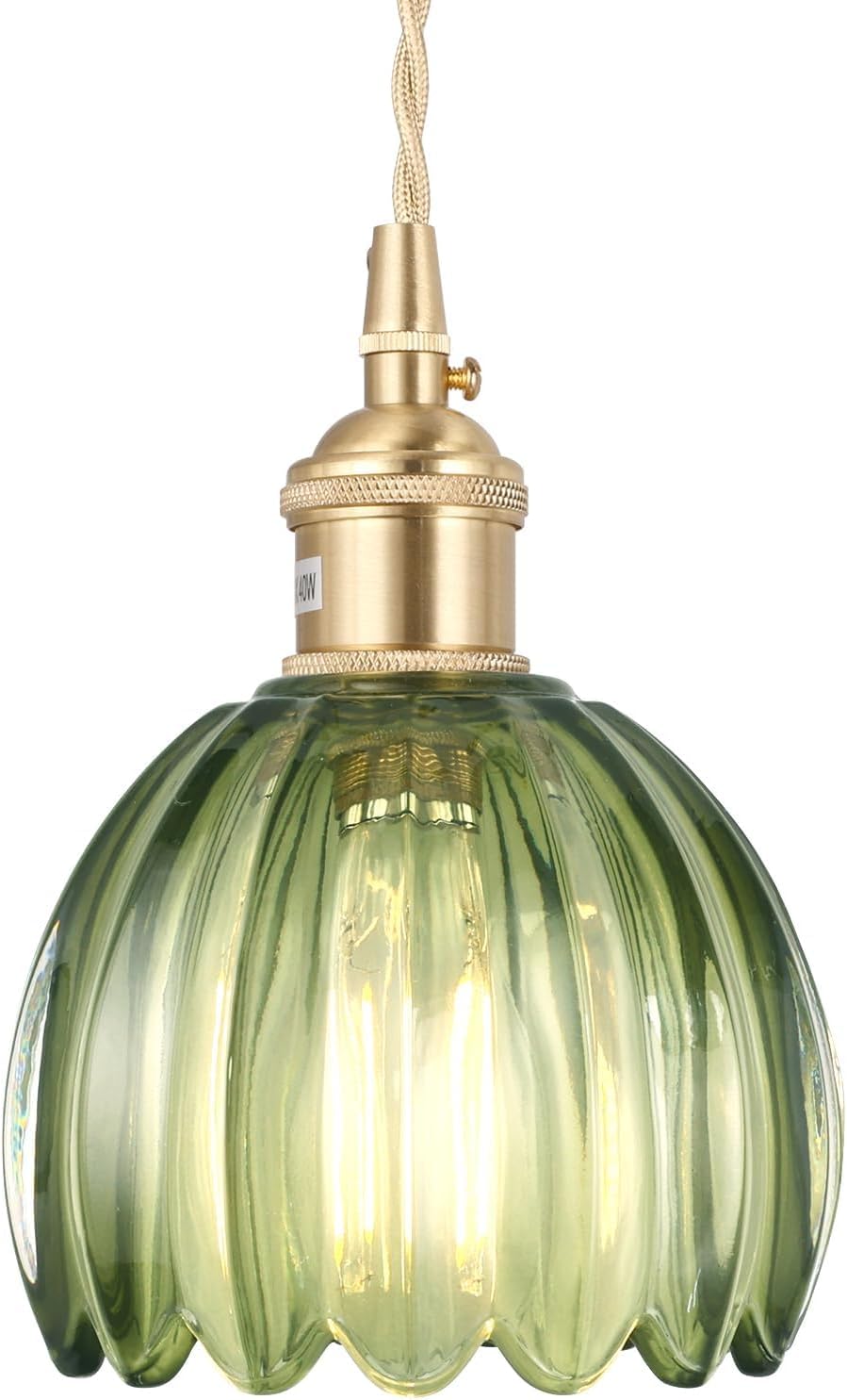 Pendelleuchte Mit Grünem, Tulpenförmigem Glasschirm, Vintage-pendelleuchte Aus Messing, Verstellbare Pendelleuchte Für Kücheninsel, Esszimmer, Flur