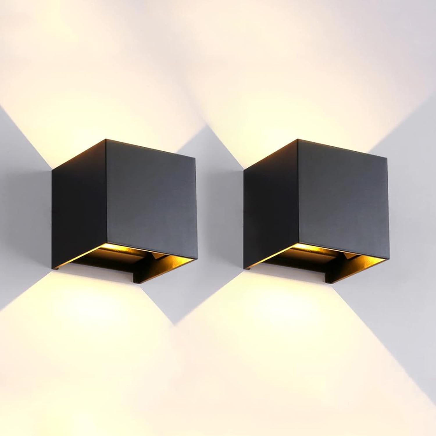 2er-pack Led-außenwandleuchten (für Den Innen- Und Außenbereich), Ip65 Wasserdicht, Quadratisches Aluminiumgehäuse, Modernes Schwarz, 12 W, 3000 K Warmweißes Licht