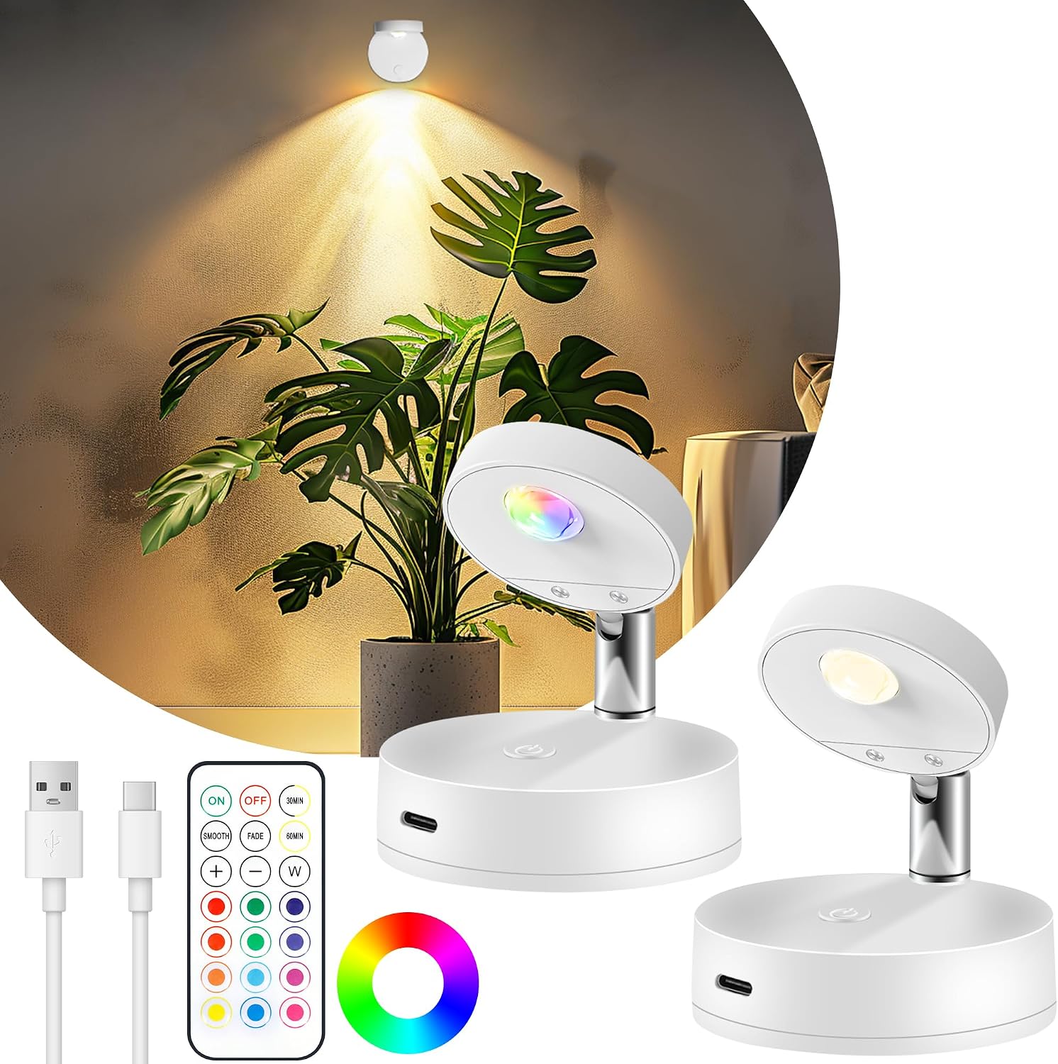 Wiederaufladbarer Led-innenstrahler – Batteriebetriebene Pflanzenlampe – Rgb – Stufenlos Dimmbar – Mit Fernbedienung – Kabellose Magnetische Deckenmontage
