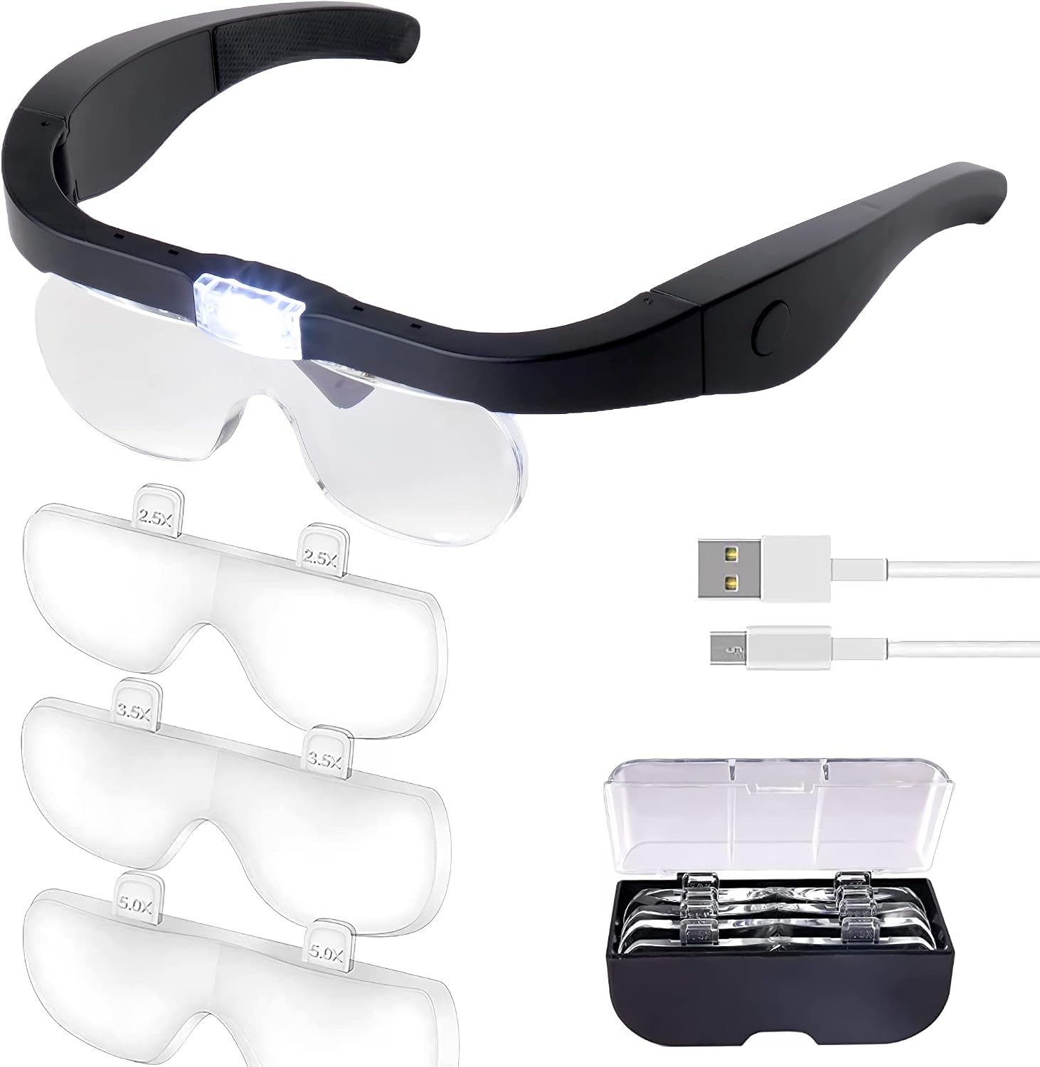 Wiederaufladbare Vergrößerungsbrille Mit Licht – Freihändiges Kopfmodell – Juweliere – Wimpernverlängerungen – Uhrenreparatur Und Präzisionsarbeiten