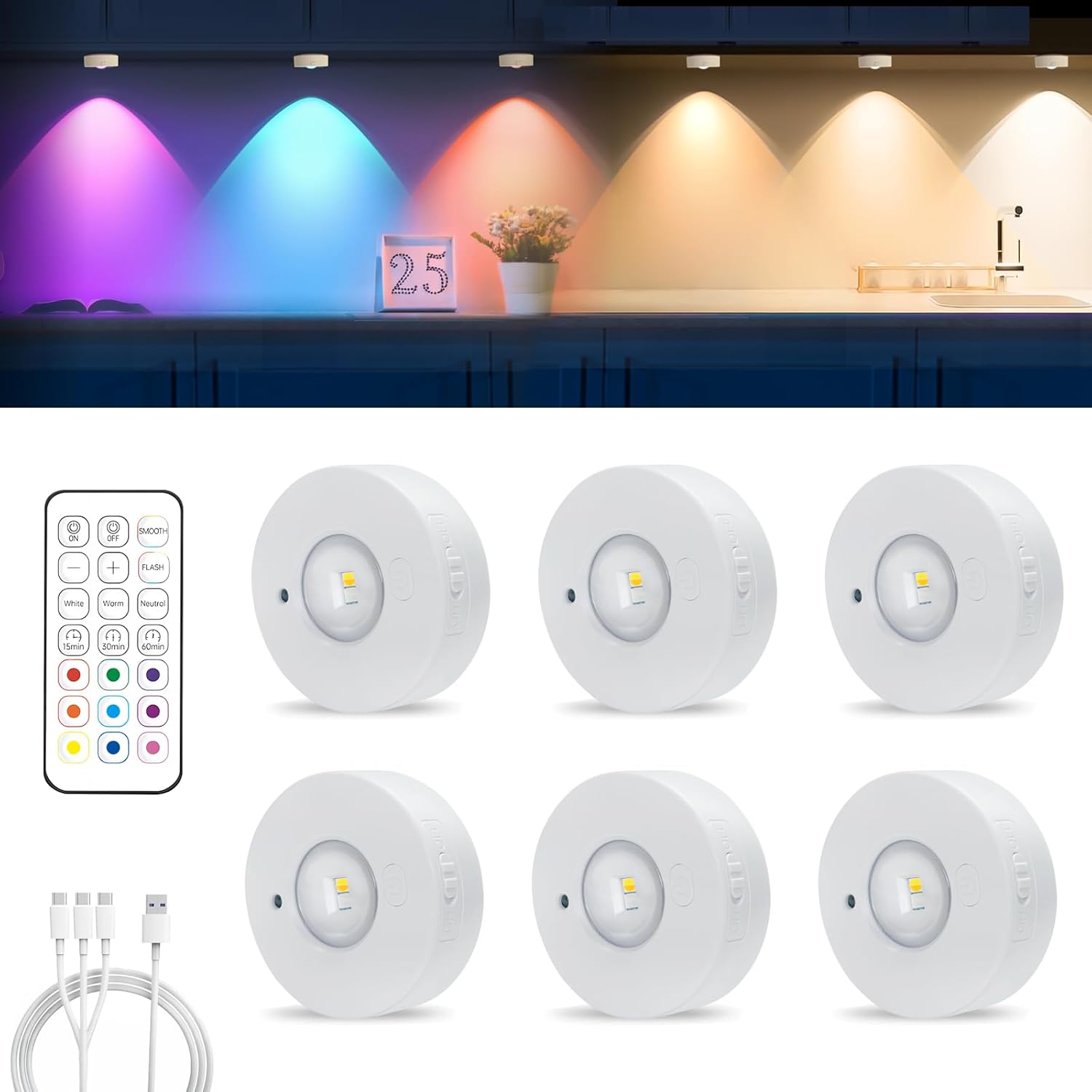 6-teiliges Schrankbeleuchtungsset, Kabellose Magnetische Ladefunktion, 3 Farbtemperaturen + 9 Rgb-led-fensterleuchten, Dimmbare Kleiderschrankbeleuchtung