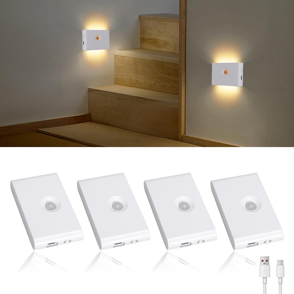 Wiederaufladbares Nachtlicht, Treppenbeleuchtung Mit Bewegungssensor, Flure, Treppen, Badezimmer, Schlafzimmer, Küchen, Magnetische Befestigung, 4er-pack.