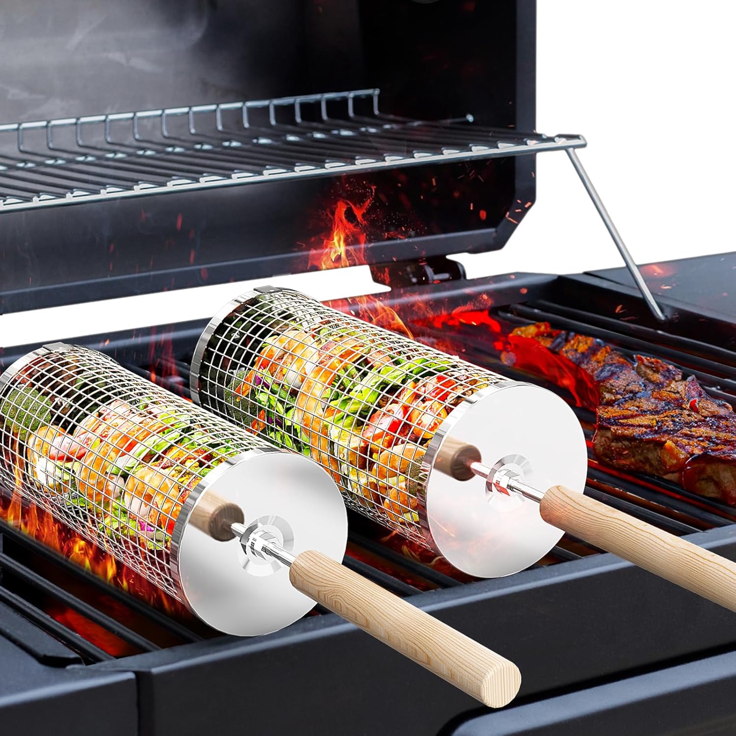 Rollbarer Grillkorb, Abnehmbarer Holzgriff, Edelstahl 304, Stapelbares Grillbesteck, Zubehör Für Gemüseräucherofen, 30 X 9,5 Cm, 2 Stück