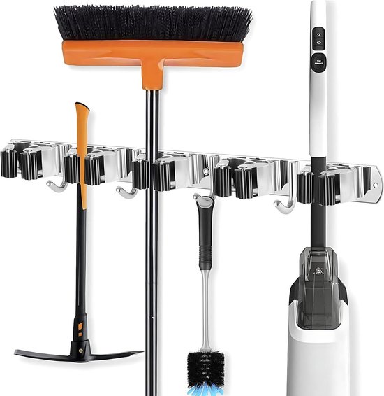 Besenhalter Aus Edelstahl Für Die Wand, 5 Ablageplätze & 4 Haken – Robuster Mopphalter Für Garage & Waschküche