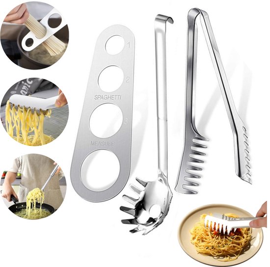 3-teiliges Pasta-set Aus Edelstahl, Bestehend Aus Zange, Löffel, Gabel Und Messbecher, Küchenhelfer-set.