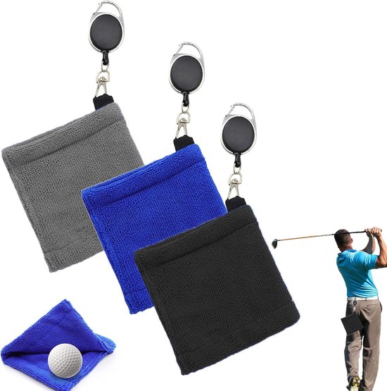 Golfball-handtuch, Golftaschen-handtuch Mit Einziehbarem Verschluss, Weiches Und Angenehmes Golfhandtuch, Strapazierfähig, 12 X 12 Cm, Schwarz, Blau Und Grau