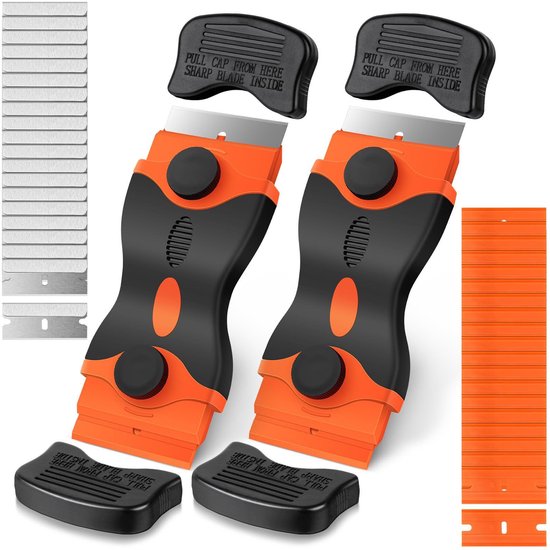 2-teiliger, Doppelseitiger Schaber Mit Austauschbaren Klingen (20 Metall- Und 20 Kunststoffklingen) Für Farbe, Aufkleber, Klebstoff, Fenster, Öfen Und Glas – Orange, Schwarz