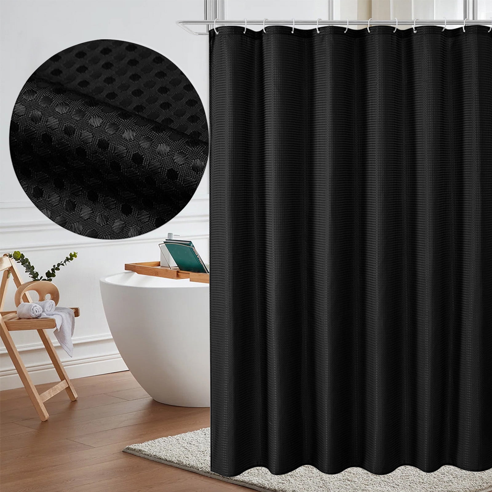 Schwarzer, Verdickter Duschvorhang Aus Polyester, Wasserdicht, 180 X 180 Cm Stoff, Mit 12 Haken, Moderne Badezimmerausstattung.