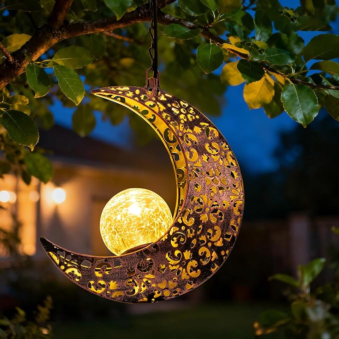 Dekorative Solar-pendelleuchte Für Den Außenbereich, Wasserdichte Metall-dekorationsleuchte Mit Mond-gartenfigur-design.