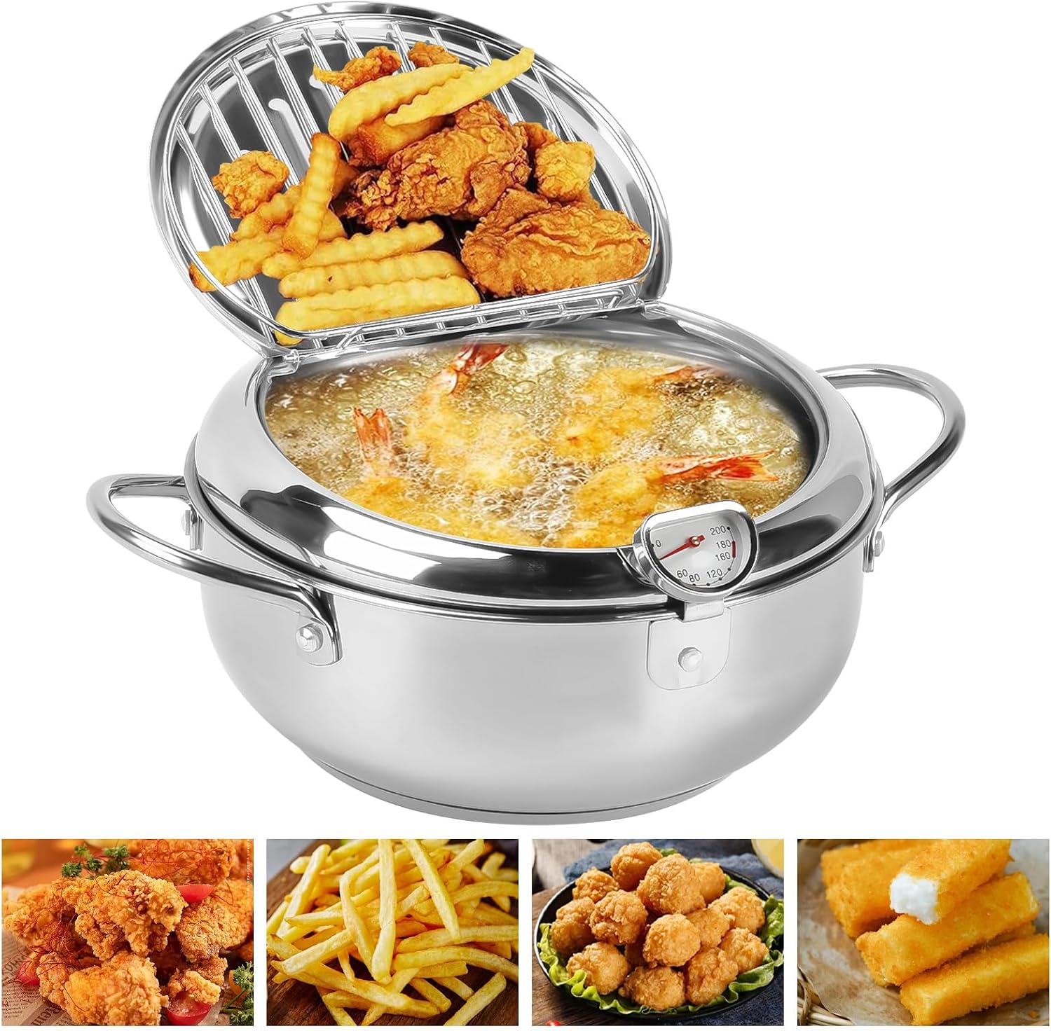 Fritteuse Mit Thermometer, Edelstahl-bratpfanne, Geeignet Für Tempura, Frittiertes Hähnchen, Trockenfisch (20 Cm).