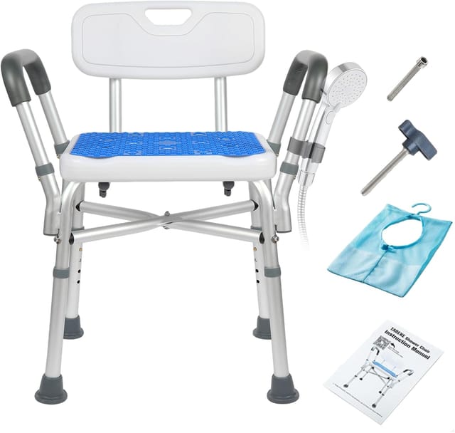 Duschhocker für Senioren, mit Armlehnen und Rückenlehne, Tragkraft 280 kg, 5-fach höhenverstellbar, geeignet für Senioren, Schwangere und Menschen