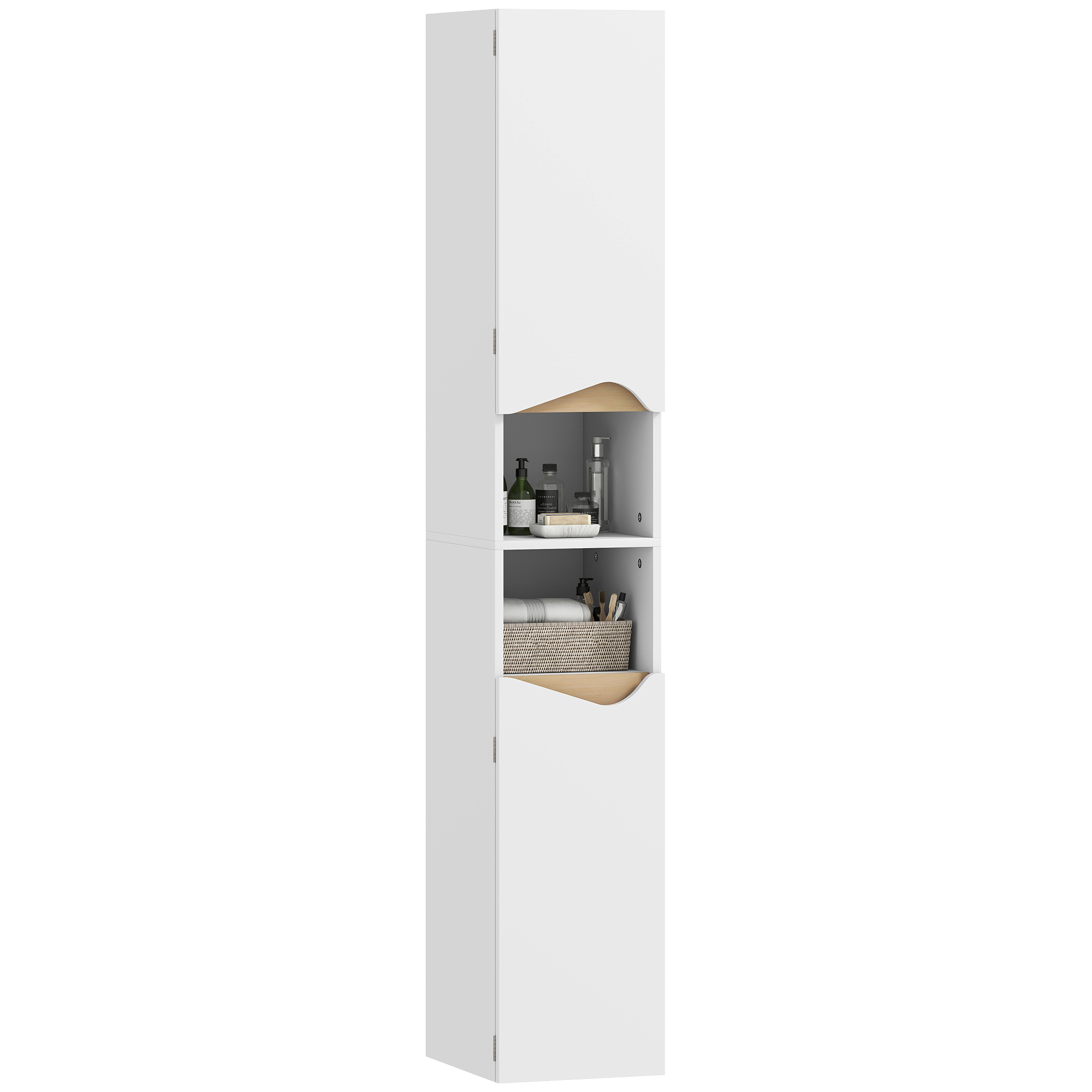 Schmaler Badezimmerschrank Mit Säulenform, 2 Türen, Offene Fächer, Verstellbare Einlegeböden, 30 X 34,6 X 180,5 Cm, Weiß
