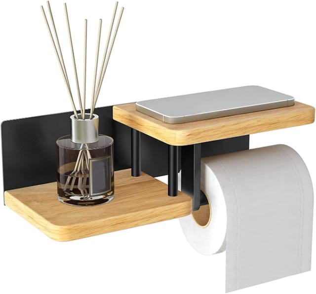 Wandmontierter Toilettenpapierhalter aus Holz, kein Bohren erforderlich, für Bad und Küche, bohrfreie Montage