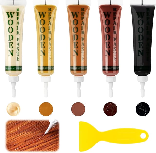 Holzmöbel-Reparaturset, 5 Farben Holzfüllerpaste für Ahorn, Teak, Mahagoni, Nussbaum und Schwarz, Kratzerreparatur für Kratzer, Löcher, Flecken und