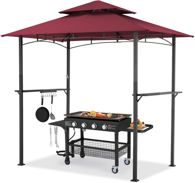 YODOLLA Grillpavillon 2,4m×1,5m, Grillüberdachung für Außengrill, 2-stufige BBQ-Gazebo-Überdachung, Weinrot