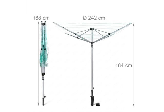 Wäschespinne 49 m, HxBxT:184x242x242 cm, reißfeste Leine, stabiler Stand mit Erdspieß, Garten, silber - Relaxdays