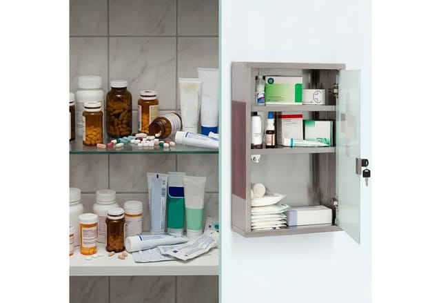 Medizinschrank emergency, Edelstahl & Holz-Optik, HBT:45x30x12cm, 3 Fächer, Glas-Tür abschließbar,silber/braun - Relaxdays