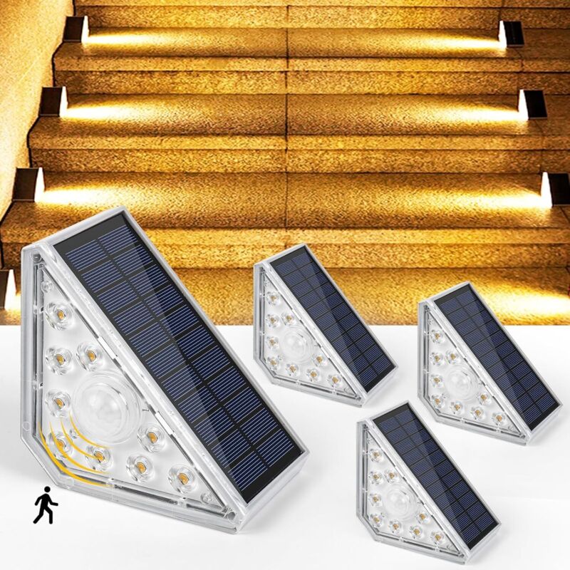 Solar-treppenleuchte, 300 Lm Led-solar-außentreppenbeleuchtung Mit Bewegungsmelder, Ip67 Wasserdichte Solarleuchten Für Treppen, Garten, Terrasse, Garage, Stufen, 4 Stück [energieklasse