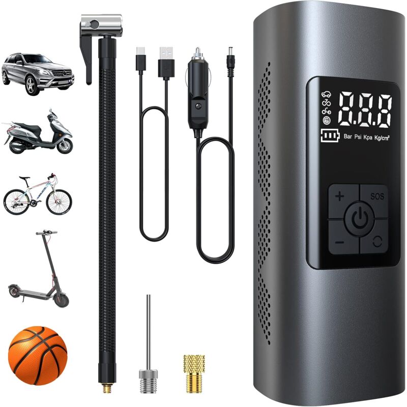 Elektrische Luftpumpe Mit 6000 Mah – Kabelloser, Tragbarer Kompressor (150 Psi) – Digitales Lcd-display – Led-licht Mit 3 Modi Für Auto Und Motorrad