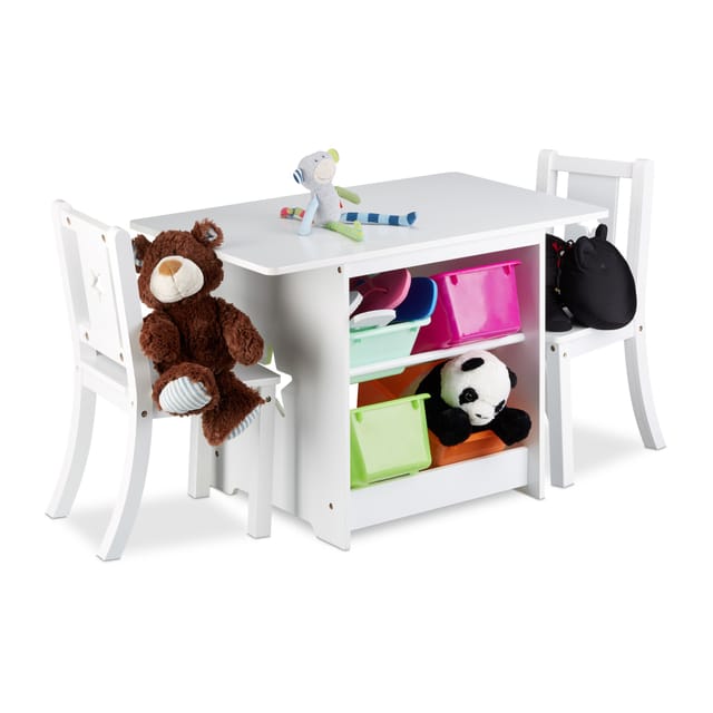 Relaxdays - Kindersitzgruppe albus mit Stauraum, 1 Tisch und 2 Stühle aus Holz, Kindertischgruppe für Jungen und Mädchen, weiß