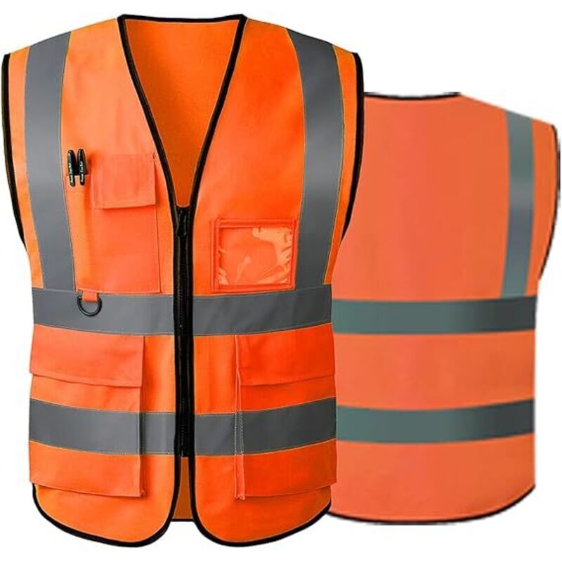 Hochsichtbare, Reflektierende Sicherheitsweste, Größe L – 5 Reißverschlusstaschen – Leichtes Material Aus 100 % Polyester – Entspricht Den Ansi/isea-standards