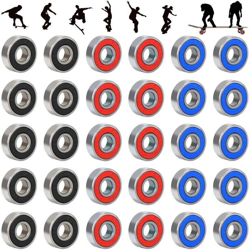 30er-packung Reibungsfreier Kugellager Aus Kohlenstoffstahl 608rs Für Skateboards, Longboards, Mini-scooter Und Rollschuhe, Abec-9, In Schwarz, Rot Und Blau, 2287 Mm