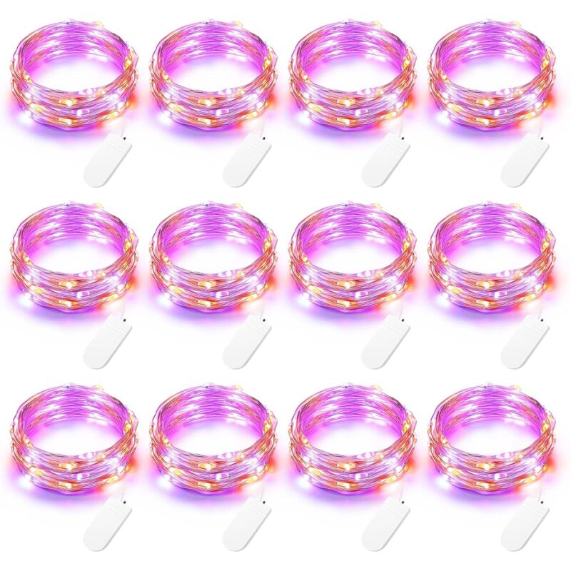 Halloween-lichterkette Orange + Lila [12er-pack], 2 M, 20 Leds, Kupferdraht, Batteriebetrieben, Wasserdicht, Stimmungsvolle Beleuchtung Für Herbst, Thanksgiving, Abende, Schlafzimmer, Gartenpartys