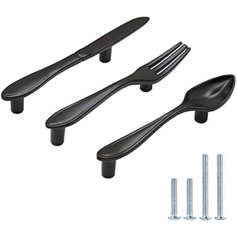 Set Aus 3 Möbelgriffen In Löffel-, Messer- Und Gabelform – Zinklegierung – 76 Mm Mittenabstand – Mattschwarze Oberfläche